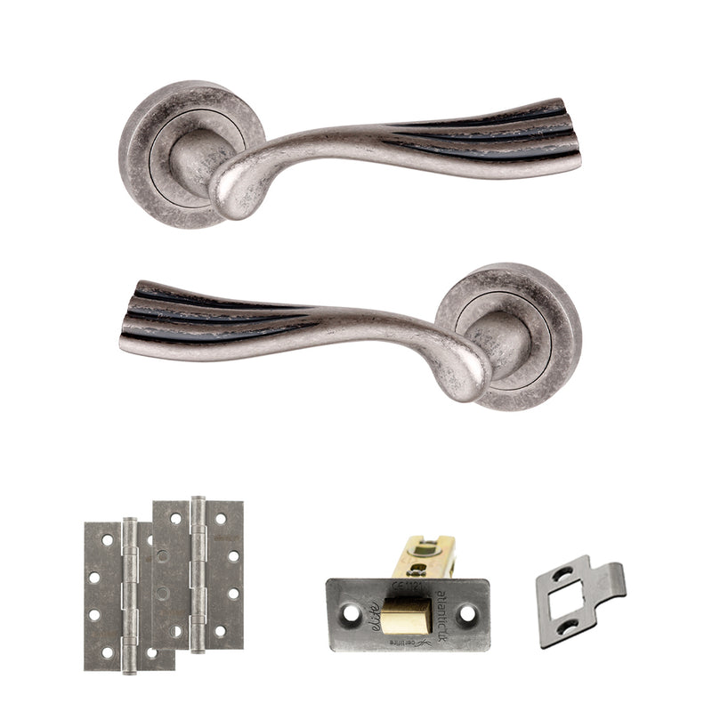 Old English Richmond Door Handle Pack (Latch Set - 2.5" CE Latch, 4" Slim Knuckle Hinges x2) - Distressed Silver