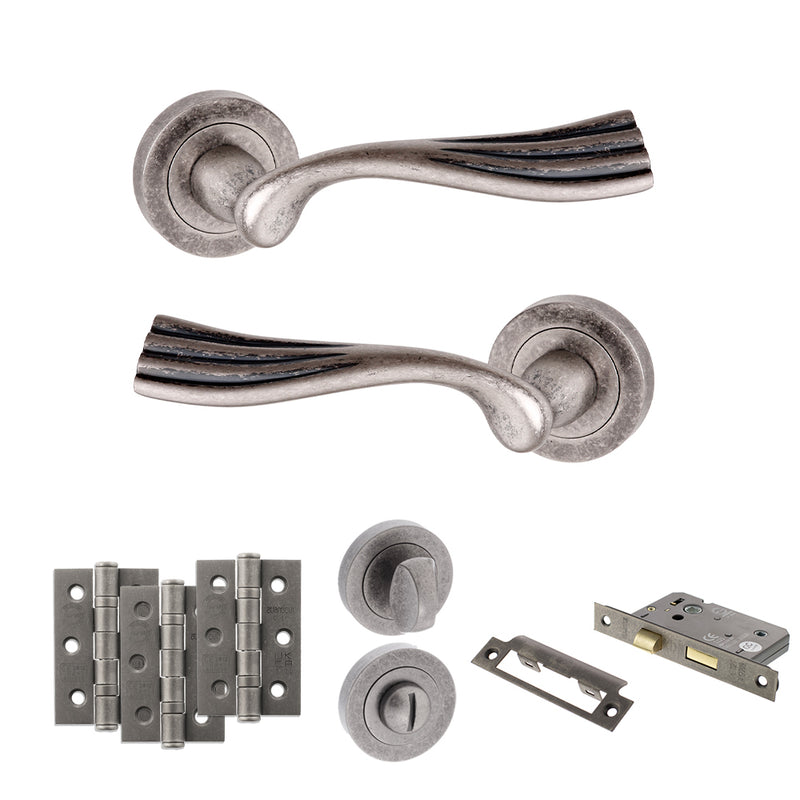 Old English Richmond Door Handle Pack (Bathroom Set - 2.5" CE Bathroom Lock, 3" Fire Rated Hinges x3) - Distressed Silver