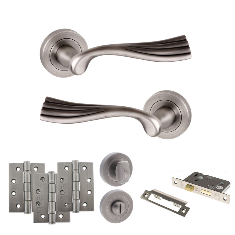 Old English Richmond Door Handle Pack (Bathroom Set - 2.5" CE Bathroom Lock, 4" Fire Rated Hinges x3) - Matt Gun Metal