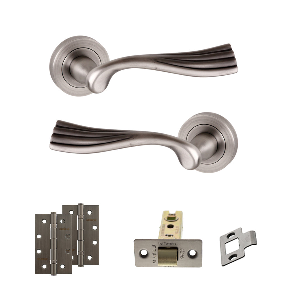 Old English Richmond Door Handle Pack (Latch Set - 2.5" CE Latch, 4" Slim Knuckle Hinges x2) - Matt Gun Metal