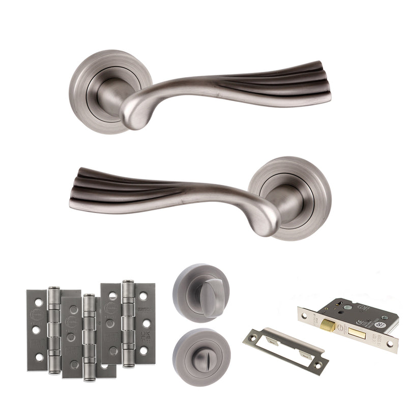 Old English Richmond Door Handle Pack (Bathroom Set - 2.5" CE Bathroom Lock, 3" Fire Rated Hinges x3) - Matt Gun Metal