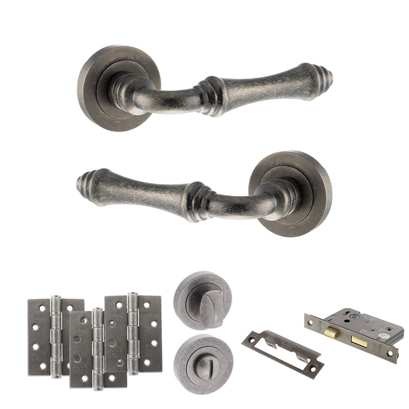 Old English Durham Door Handle Pack (Bathroom Set - 2.5" CE Bathroom Lock, 4" Fire Rated Hinges x3) - Distressed Silver