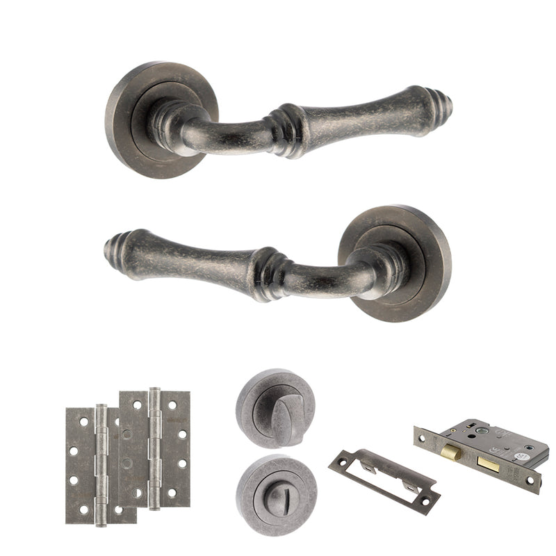 Old English Durham Door Handle Pack (Bathroom Set - 2.5" CE Bathroom Lock, 4" Slim Knuckle Hinges x2) - Distressed Silver