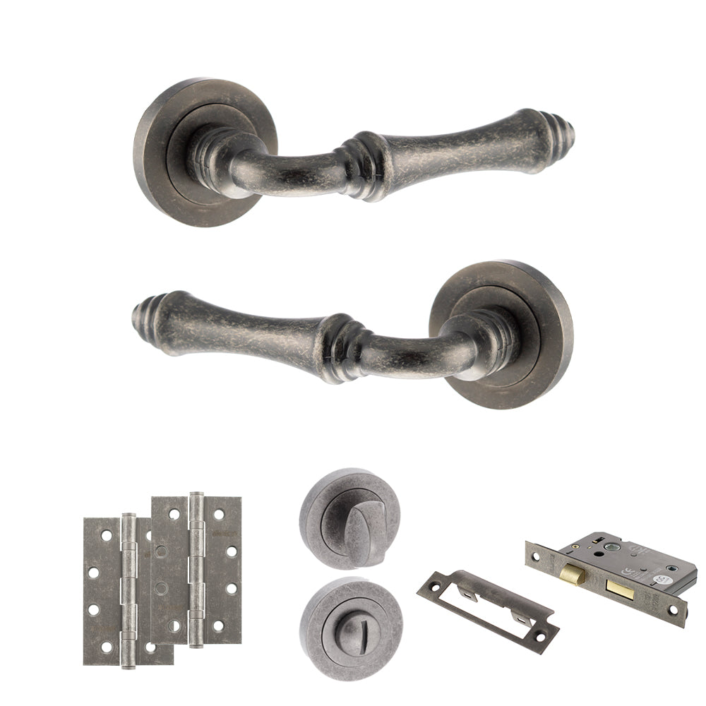Old English Durham Door Handle Pack (Bathroom Set - 3" CE Bathroom Lock, 4" Slim Knuckle Hinges x2) - Distressed Silver
