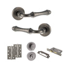 Old English Durham Door Handle Pack (Bathroom Set - 3" CE Bathroom Lock, 4" Slim Knuckle Hinges x2) - Distressed Silver