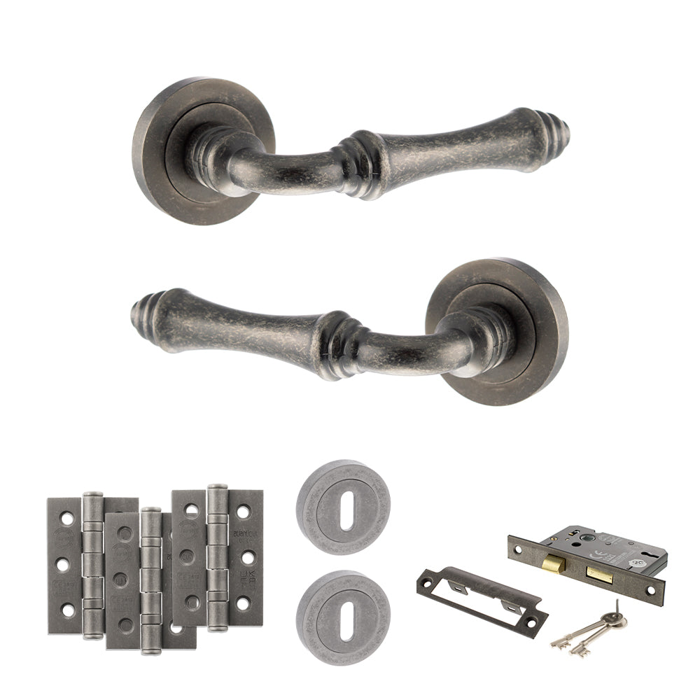 Old English Durham Door Handle Pack (3 Lever Lock Set - 3" CE Sashlock, 3" Fire Rated Hinges x3) - Distressed Silver