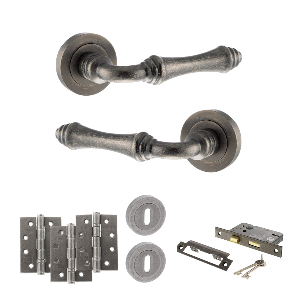 Old English Durham Door Handle Pack (3 Lever Lock Set - 2.5" CE Sashlock, 4" Fire Rated Hinges x3) - Distressed Silver