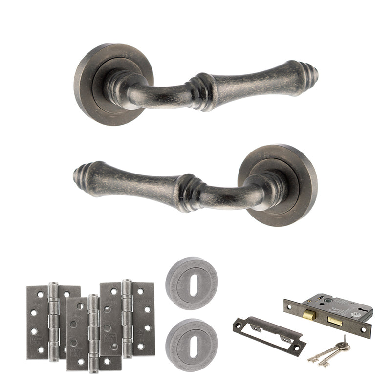 Old English Durham Door Handle Pack (3 Lever Lock Set - 2.5" CE Sashlock, 4" Fire Rated Hinges x3) - Distressed Silver