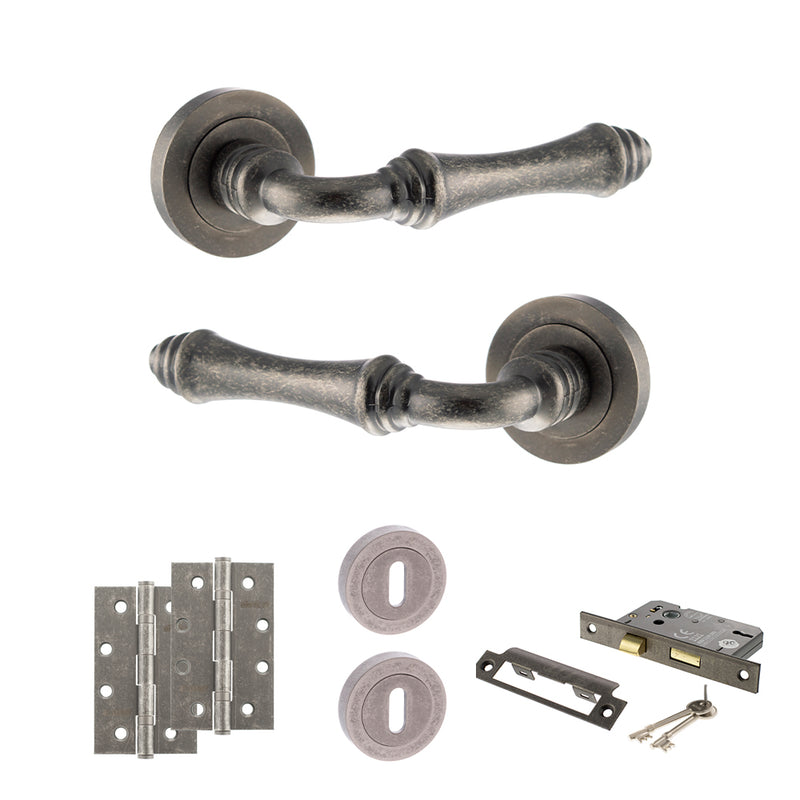 Old English Durham Door Handle Pack (3 Lever Lock Set - 2.5" CE Sashlock, 4" Slim Knuckle Hinges x2) - Distressed Silver