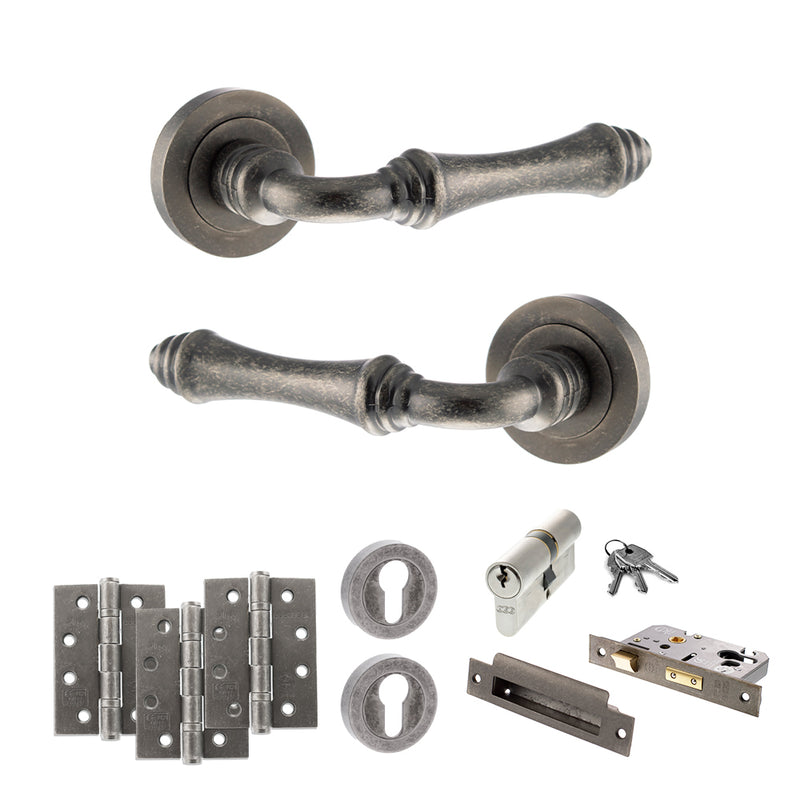 Old English Durham Door Handle Pack (Euro Lock Set - 3" CE Sashlock, 4" Fire Rated Hinges x3) - Distressed Silver