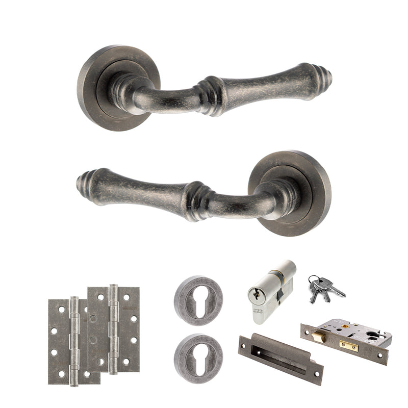 Old English Durham Door Handle Pack (Euro Lock Set - 2.5" CE Sashlock, 4" Slim Knuckle Hinges x2) - Distressed Silver