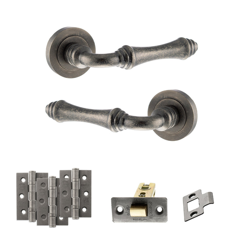 Old English Durham Door Handle Pack (Latch Set - 3" CE Latch, 3" Fire Rated Hinges x3) - Distressed Silver