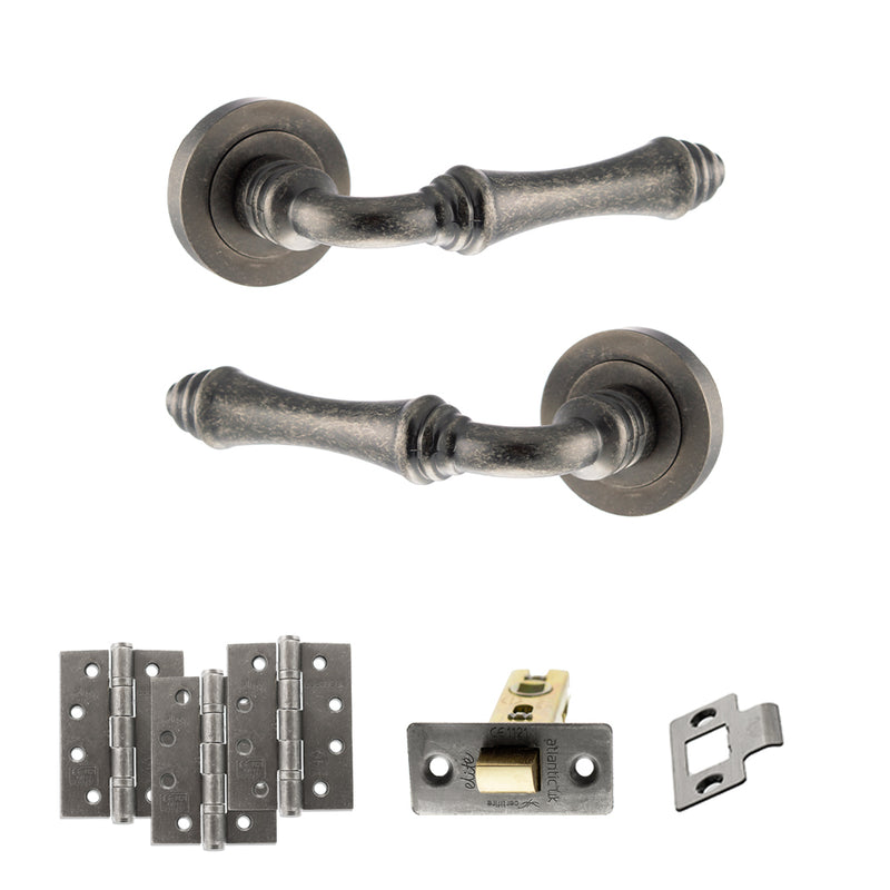 Old English Durham Door Handle Pack (Latch Set - 3" CE Latch, 4" Fire Rated Hinges x3) - Distressed Silver
