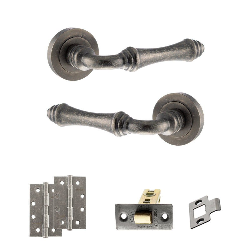 Old English Durham Door Handle Pack (Latch Set - 2.5" CE Latch, 4" Slim Knuckle Hinges x2) - Distressed Silver
