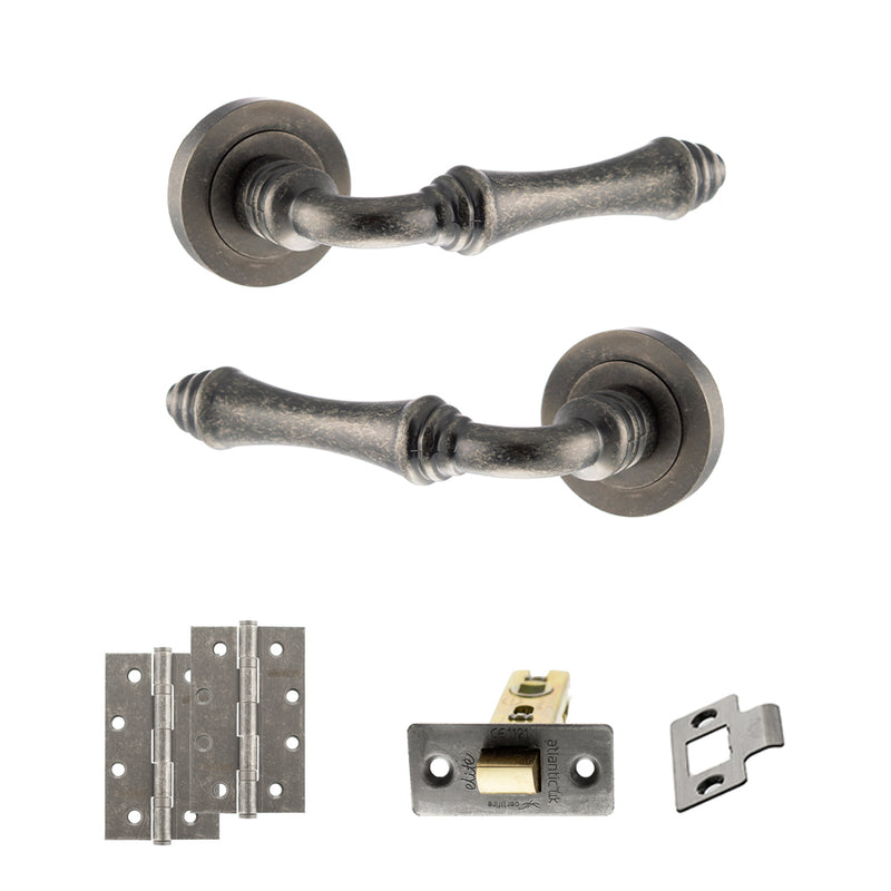 Old English Durham Door Handle Pack (Latch Set - 3" CE Latch, 4" Slim Knuckle Hinges x2) - Distressed Silver