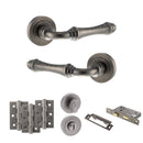 Old English Durham Door Handle Pack (Bathroom Set - 3" CE Bathroom Lock, 3" Fire Rated Hinges x3) - Distressed Silver