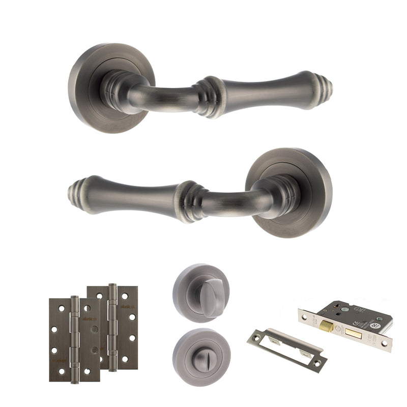 Old English Durham Door Handle Pack (Bathroom Set - 2.5" CE Bathroom Lock, 4" Slim Knuckle Hinges x2) - Matt Gun Metal