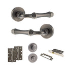 Old English Durham Door Handle Pack (Bathroom Set - 3" CE Bathroom Lock, 4" Slim Knuckle Hinges x2) - Matt Gun Metal