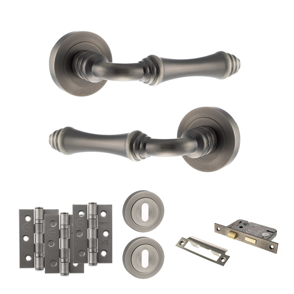 Old English Durham Door Handle Pack (3 Lever Lock Set - 3" CE Sashlock, 3" Fire Rated Hinges x3) - Matt Gun Metal