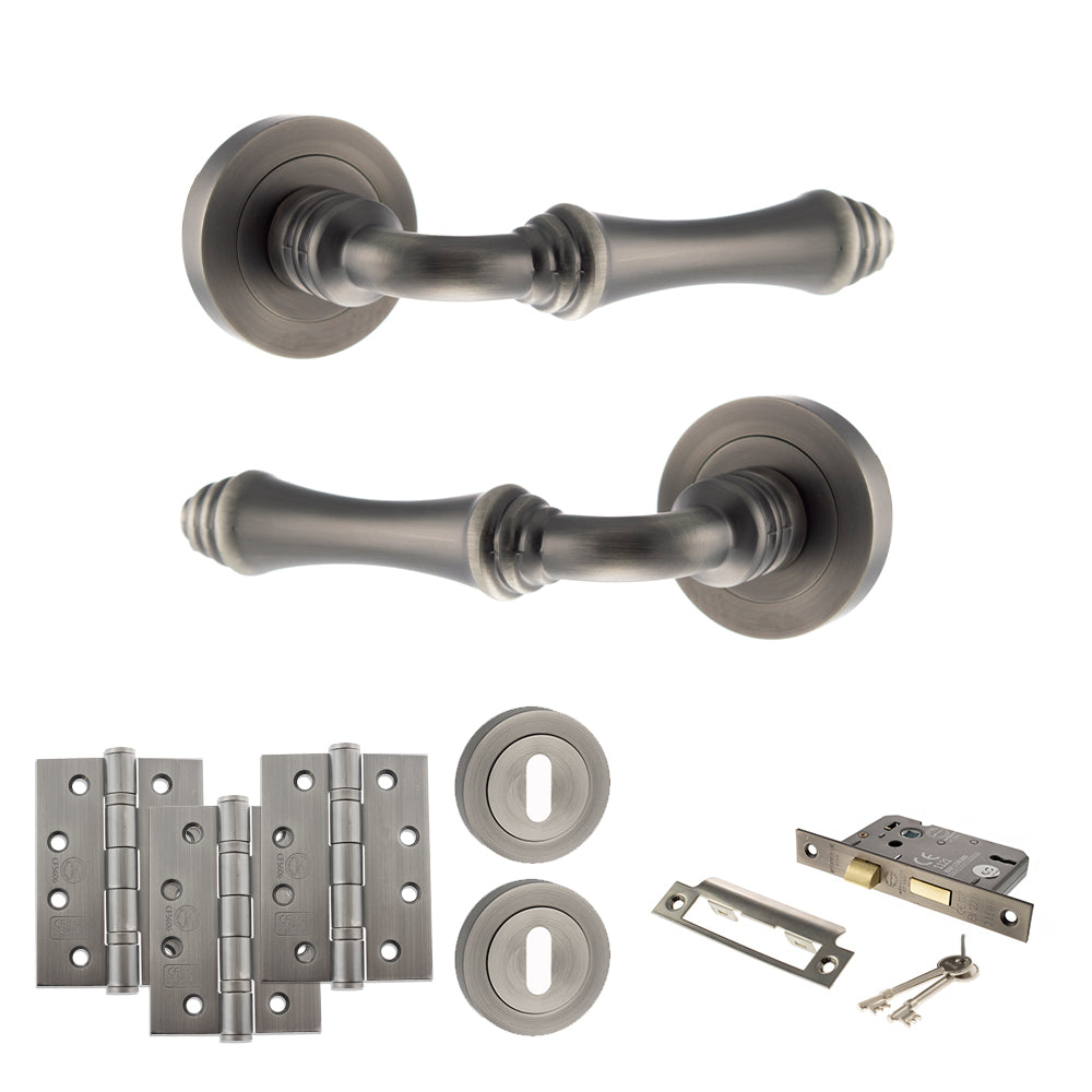 Old English Durham Door Handle Pack (3 Lever Lock Set - 3" CE Sashlock, 4" Fire Rated Hinges x3) - Matt Gun Metal