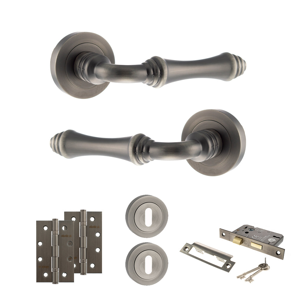 Old English Durham Door Handle Pack (3 Lever Lock Set - 2.5" CE Sashlock, 4" Slim Knuckle Hinges x2) - Matt Gun Metal