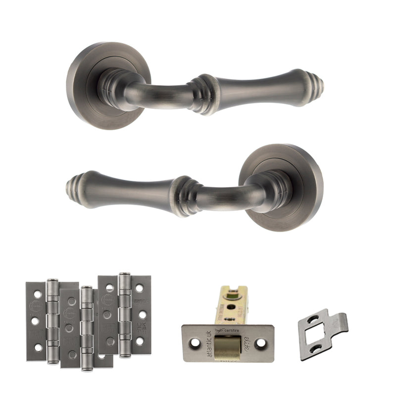 Old English Durham Door Handle Pack (Latch Set - 2.5" CE Latch, 3" Fire Rated Hinges x3) - Matt Gun Metal