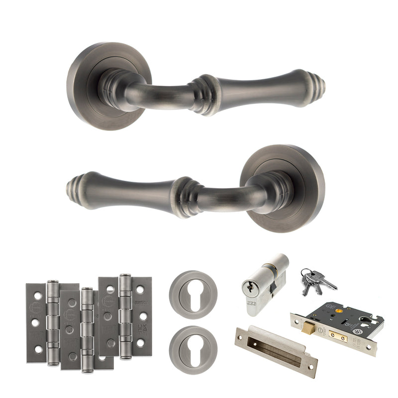 Old English Durham Door Handle Pack (Euro Lock Set - 3" CE Sashlock, 3" Fire Rated Hinges x3) - Matt Gun Metal