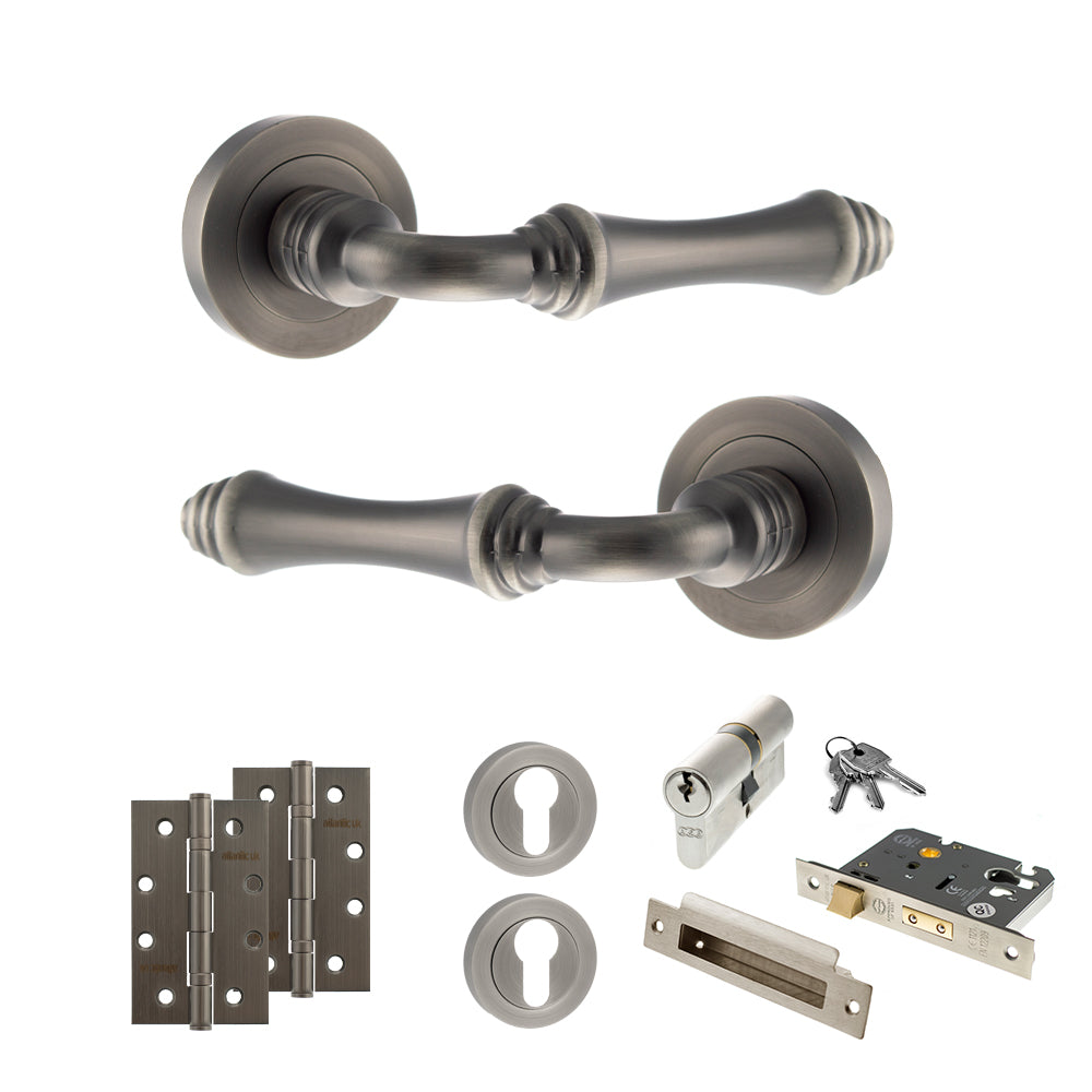 Old English Durham Door Handle Pack (Euro Lock Set - 3" CE Sashlock, 4" Slim Knuckle Hinges x2) - Matt Gun Metal