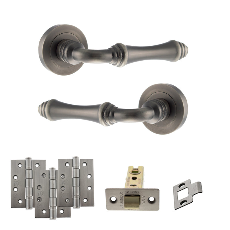 Old English Durham Door Handle Pack (Latch Set - 2.5" CE Latch, 4" Fire Rated Hinges x3) - Matt Gun Metal