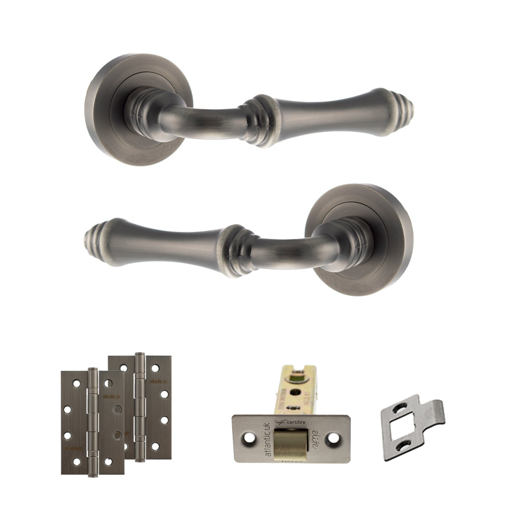 Old English Durham Door Handle Pack (Latch Set - 3" CE Latch, 4" Slim Knuckle Hinges x2) - Matt Gun Metal