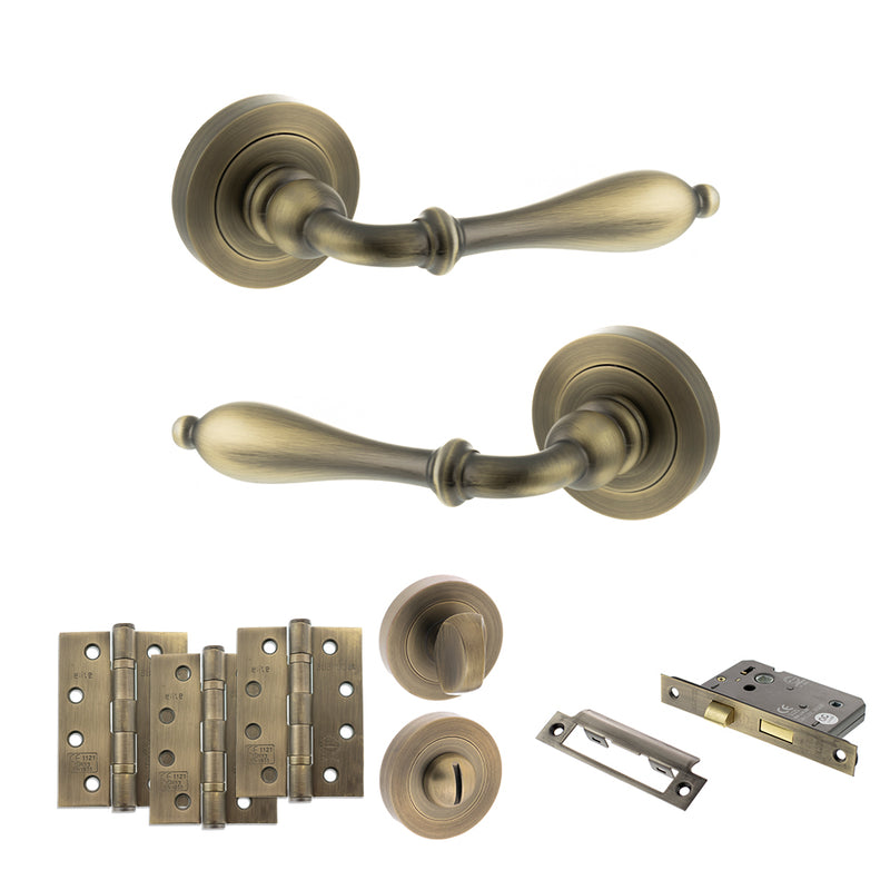 Old English Wrexham Door Handle Pack (Bathroom Set - 3" CE Bathroom Lock, 4" Fire Rated Hinges x3) - Matt Antique Brass
