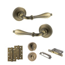 Old English Wrexham Door Handle Pack (Bathroom Set - 2.5" CE Bathroom Lock, 4" Slim Knuckle Hinges x2) - Matt Antique Brass