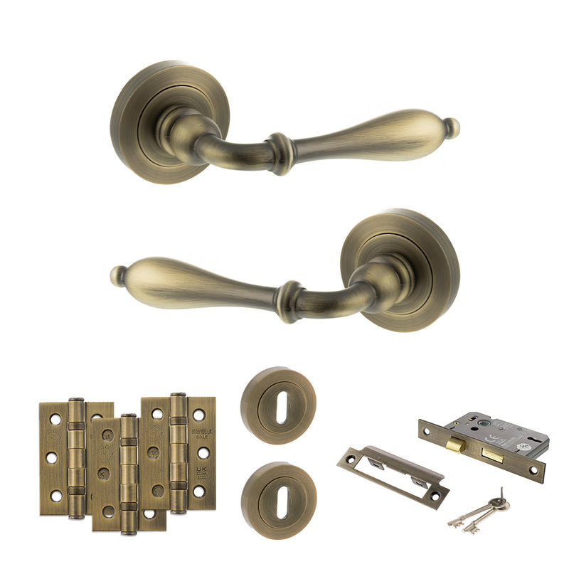 Old English Wrexham Door Handle Pack (3 Lever Lock Set - 3" CE Sashlock, 3" Fire Rated Hinges x3) - Matt Antique Brass