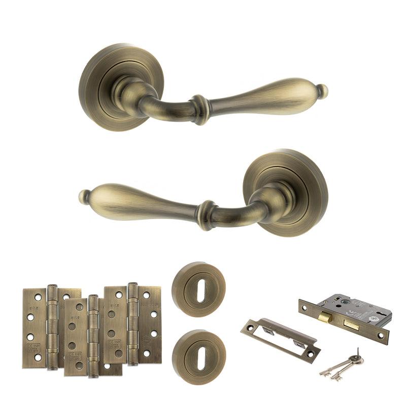 Old English Wrexham Door Handle Pack (3 Lever Lock Set - 2.5" CE Sashlock, 4" Fire Rated Hinges x3) - Matt Antique Brass