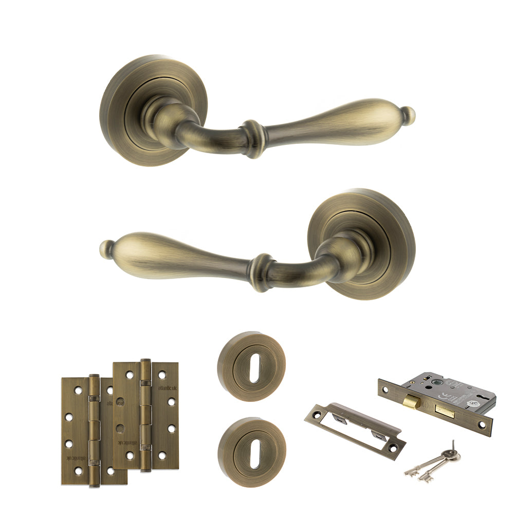 Old English Wrexham Door Handle Pack (3 Lever Lock Set - 2.5" CE Sashlock, 4" Slim Knuckle Hinges x2) - Matt Antique Brass