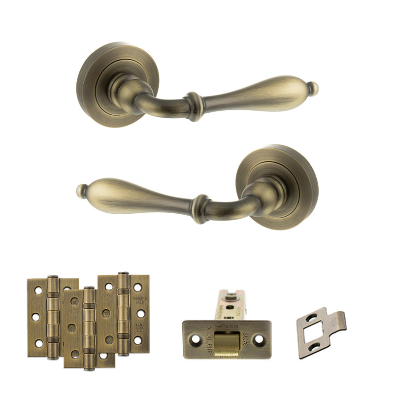 Old English Wrexham Door Handle Pack (Latch Set - 2.5" CE Latch, 3" Fire Rated Hinges x3) - Matt Antique Brass