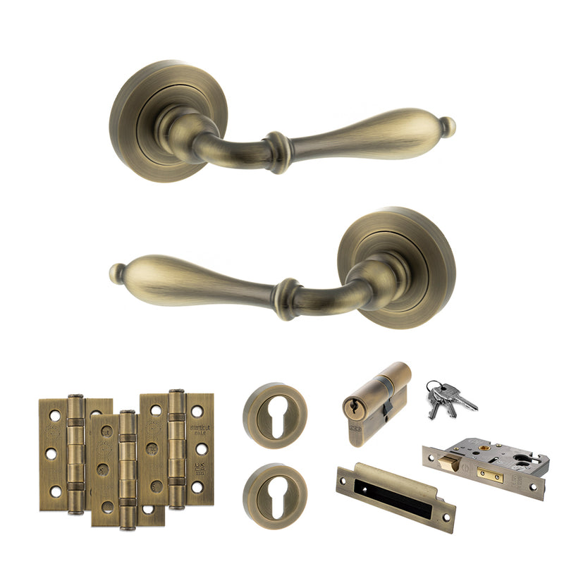 Old English Wrexham Door Handle Pack (Euro Lock Set - 3" CE Sashlock, 3" Fire Rated Hinges x3) - Matt Antique Brass