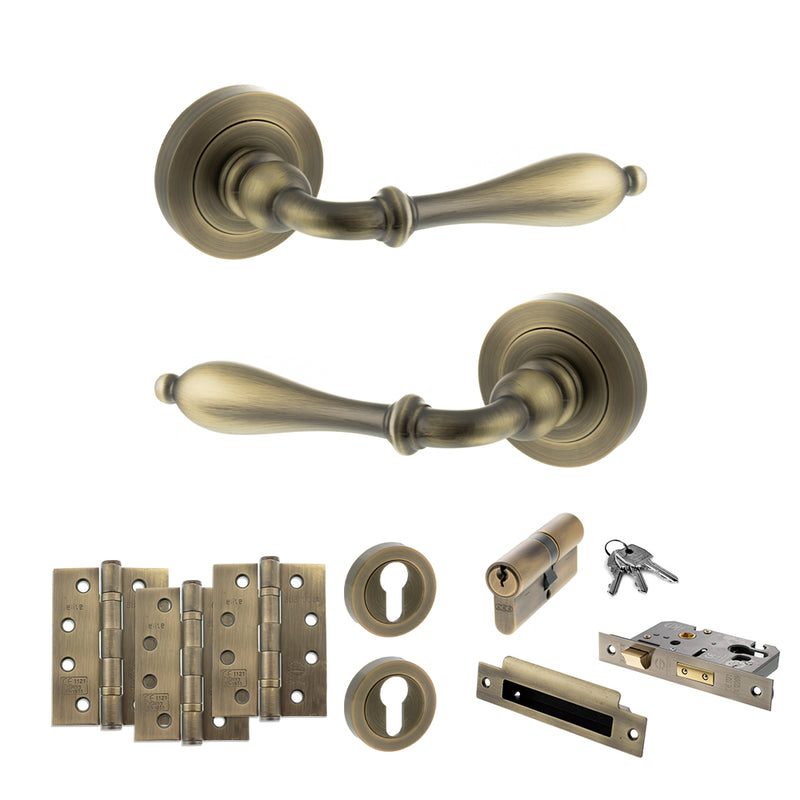 Old English Wrexham Door Handle Pack (Euro Lock Set - 2.5" CE Sashlock, 4" Fire Rated Hinges x3) - Matt Antique Brass