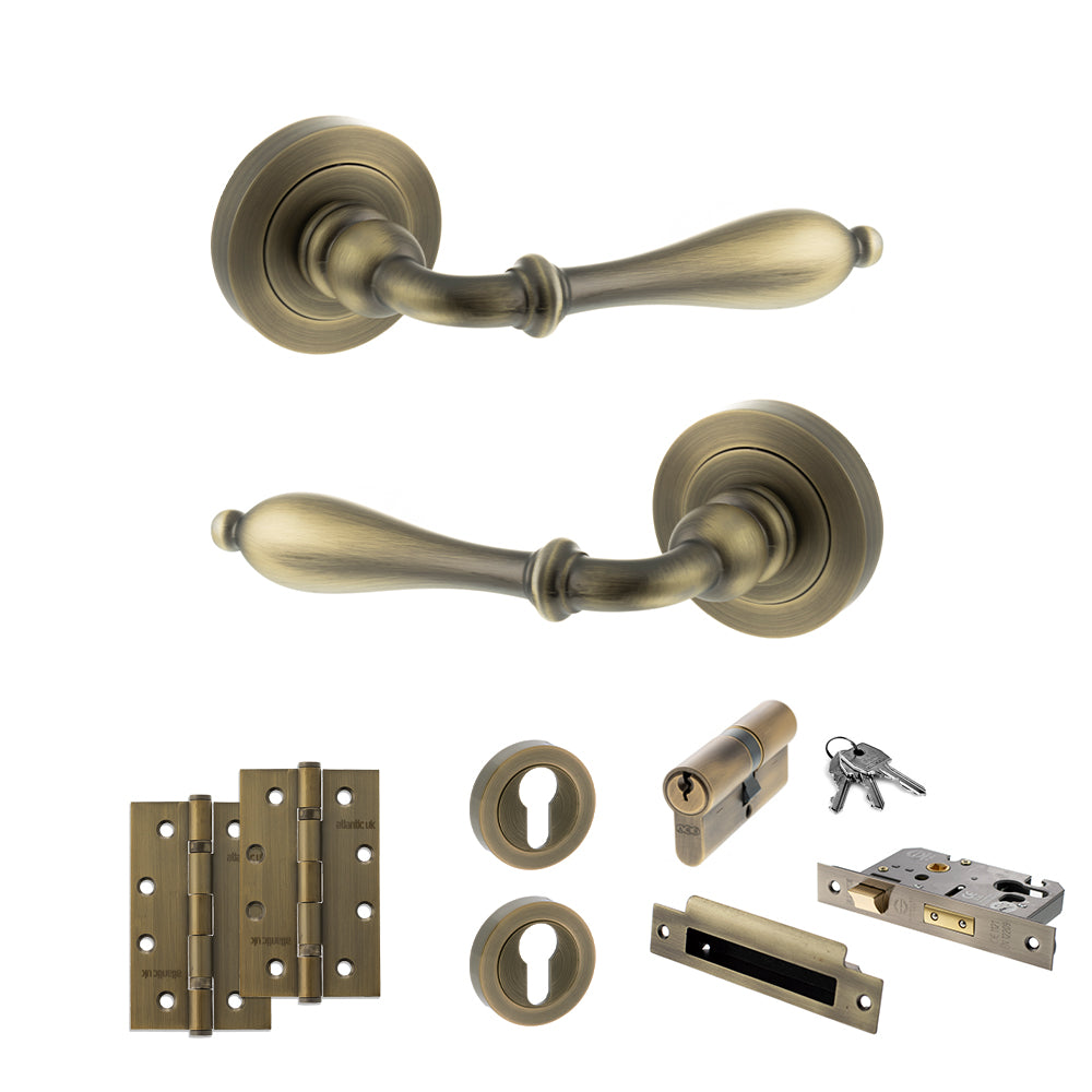 Old English Wrexham Door Handle Pack (Euro Lock Set - 2.5" CE Sashlock, 4" Slim Knuckle Hinges x2) - Matt Antique Brass