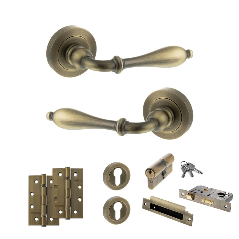 Old English Wrexham Door Handle Pack (Euro Lock Set - 2.5" CE Sashlock, 4" Slim Knuckle Hinges x2) - Matt Antique Brass