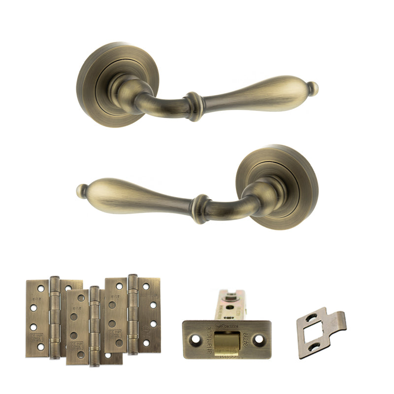 Old English Wrexham Door Handle Pack (Latch Set - 2.5" CE Latch, 4" Fire Rated Hinges x3) - Matt Antique Brass