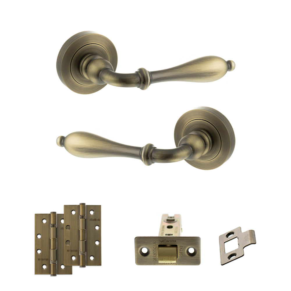 Old English Wrexham Door Handle Pack (Latch Set - 3" CE Latch, 4" Slim Knuckle Hinges x2) - Matt Antique Brass