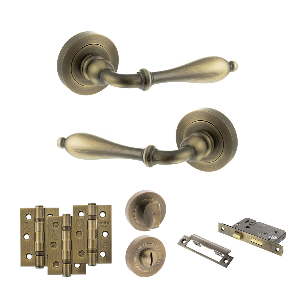 Old English Wrexham Door Handle Pack (Bathroom Set - 2.5" CE Bathroom Lock, 3" Fire Rated Hinges x3) - Matt Antique Brass