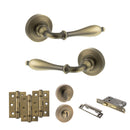 Old English Wrexham Door Handle Pack (Bathroom Set - 3" CE Bathroom Lock, 3" Fire Rated Hinges x3) - Matt Antique Brass