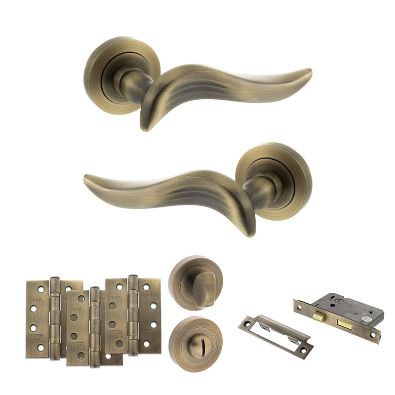 Old English Oxford Door Handle Pack (Bathroom Set - 3" CE Bathroom Lock, 4" Fire Rated Hinges x3) - Matt Antique Brass