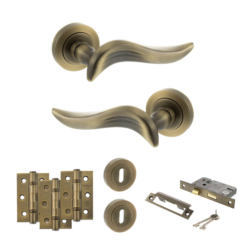 Old English Oxford Door Handle Pack (3 Lever Lock Set - 2.5" CE Sashlock, 3" Fire Rated Hinges x3) - Matt Antique Brass