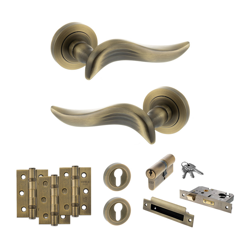 Old English Oxford Door Handle Pack (Euro Lock Set - 2.5" CE Sashlock, 3" Fire Rated Hinges x3) - Matt Antique Brass