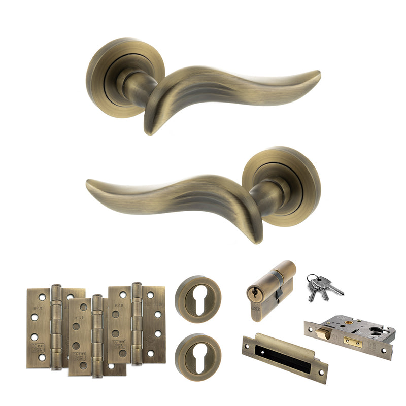 Old English Oxford Door Handle Pack (Euro Lock Set - 2.5" CE Sashlock, 4" Fire Rated Hinges x3) - Matt Antique Brass