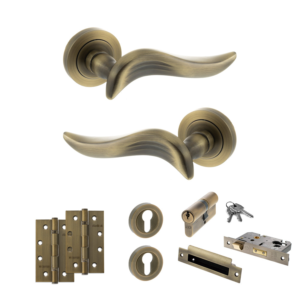 Old English Oxford Door Handle Pack (Euro Lock Set - 2.5" CE Sashlock, 4" Slim Knuckle Hinges x2) - Matt Antique Brass