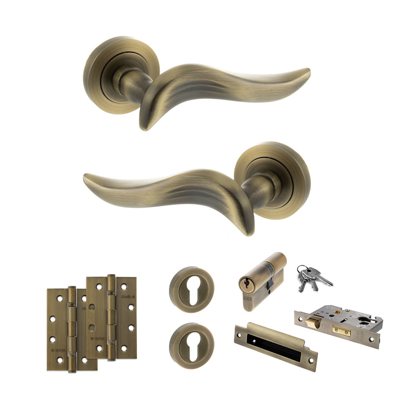 Old English Oxford Door Handle Pack (Euro Lock Set - 2.5" CE Sashlock, 4" Slim Knuckle Hinges x2) - Matt Antique Brass